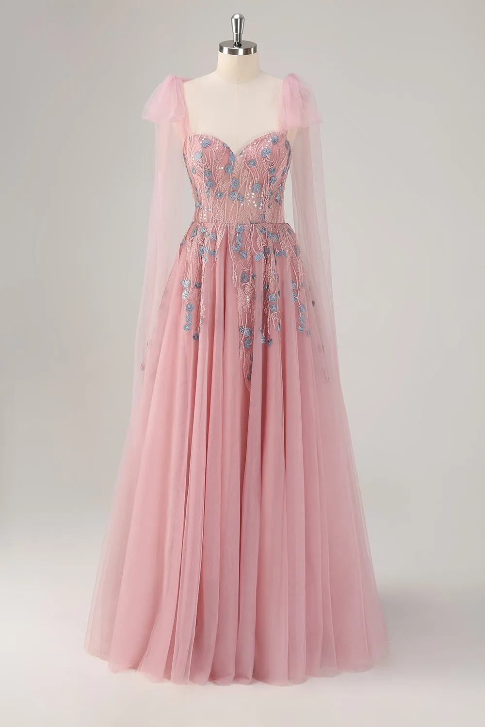 Fairy Pink Sequin Appliques A Line Tulle Maxi Dress with Lace-up Back