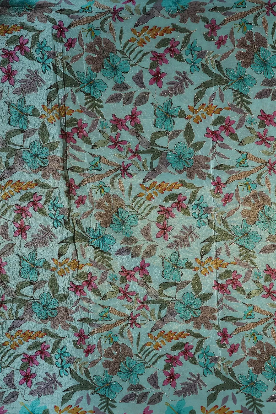 Floral Position Print On Zari Embroidery Teal Viscose Zari Tissue Fabric