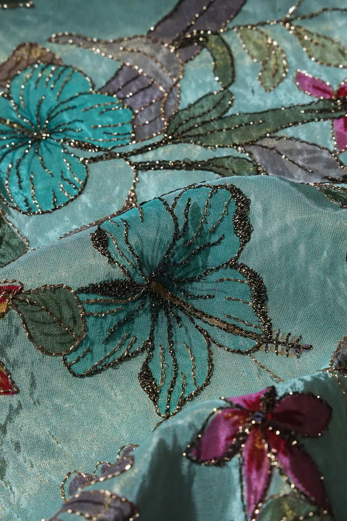 Floral Position Print On Zari Embroidery Teal Viscose Zari Tissue Fabric