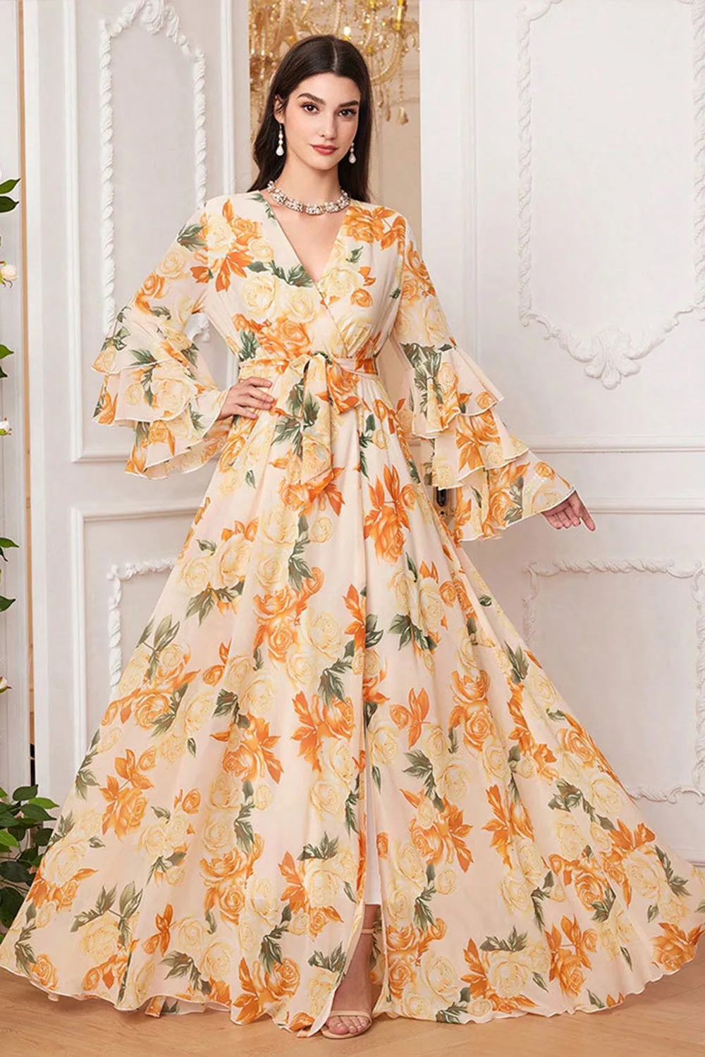 Floral Yellow A Line V Neck Bell Sleeve Maxi Dress with Slit