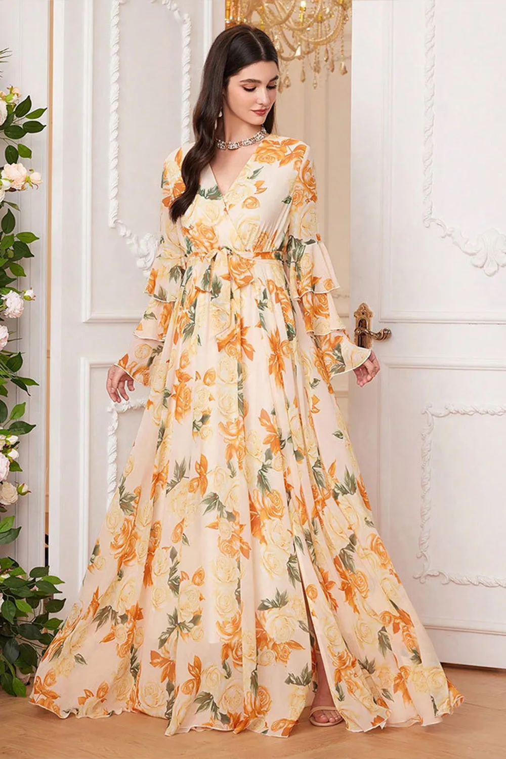 Floral Yellow A Line V Neck Bell Sleeve Maxi Dress with Slit