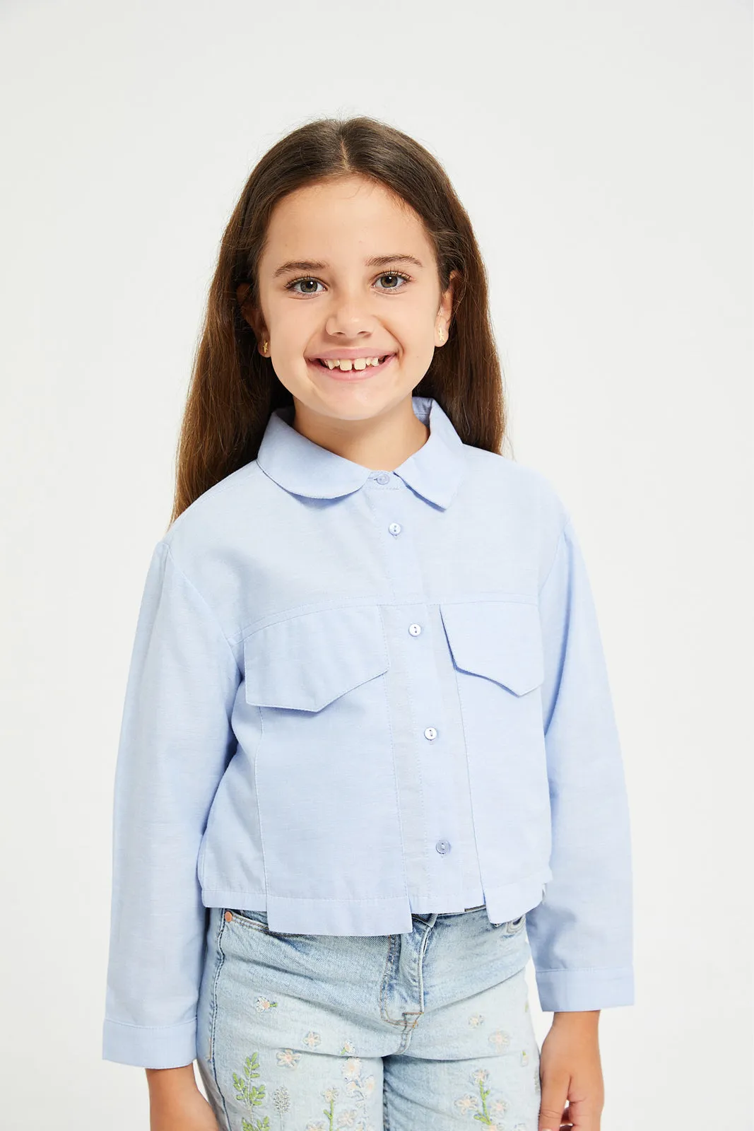 Girls Blue Chambray Button Front Blouse