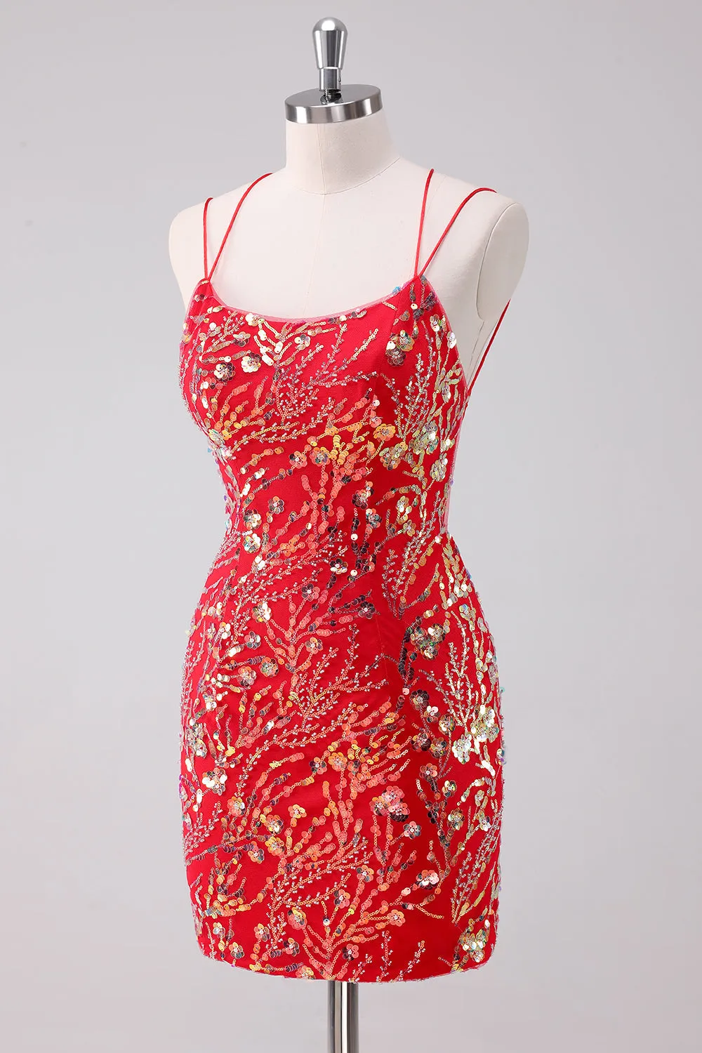 Glitter Red Spaghetti Straps Sequins Bodycon Mini Dress