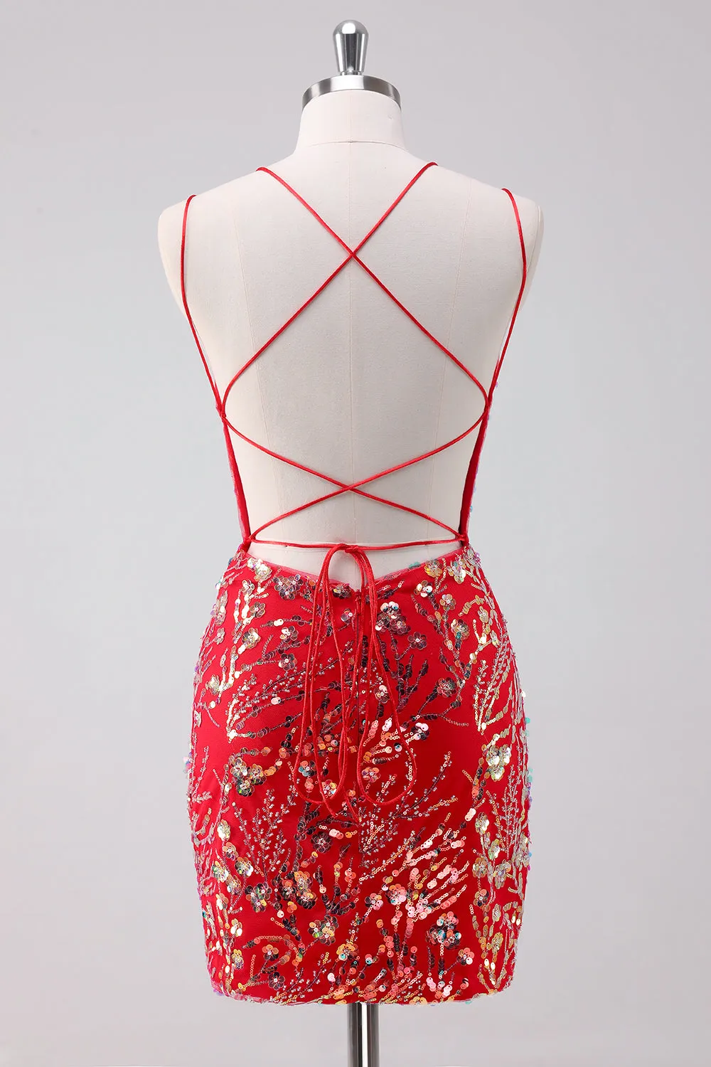 Glitter Red Spaghetti Straps Sequins Bodycon Mini Dress