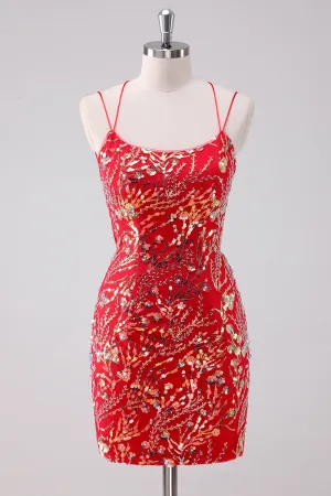 Glitter Red Spaghetti Straps Sequins Bodycon Mini Dress