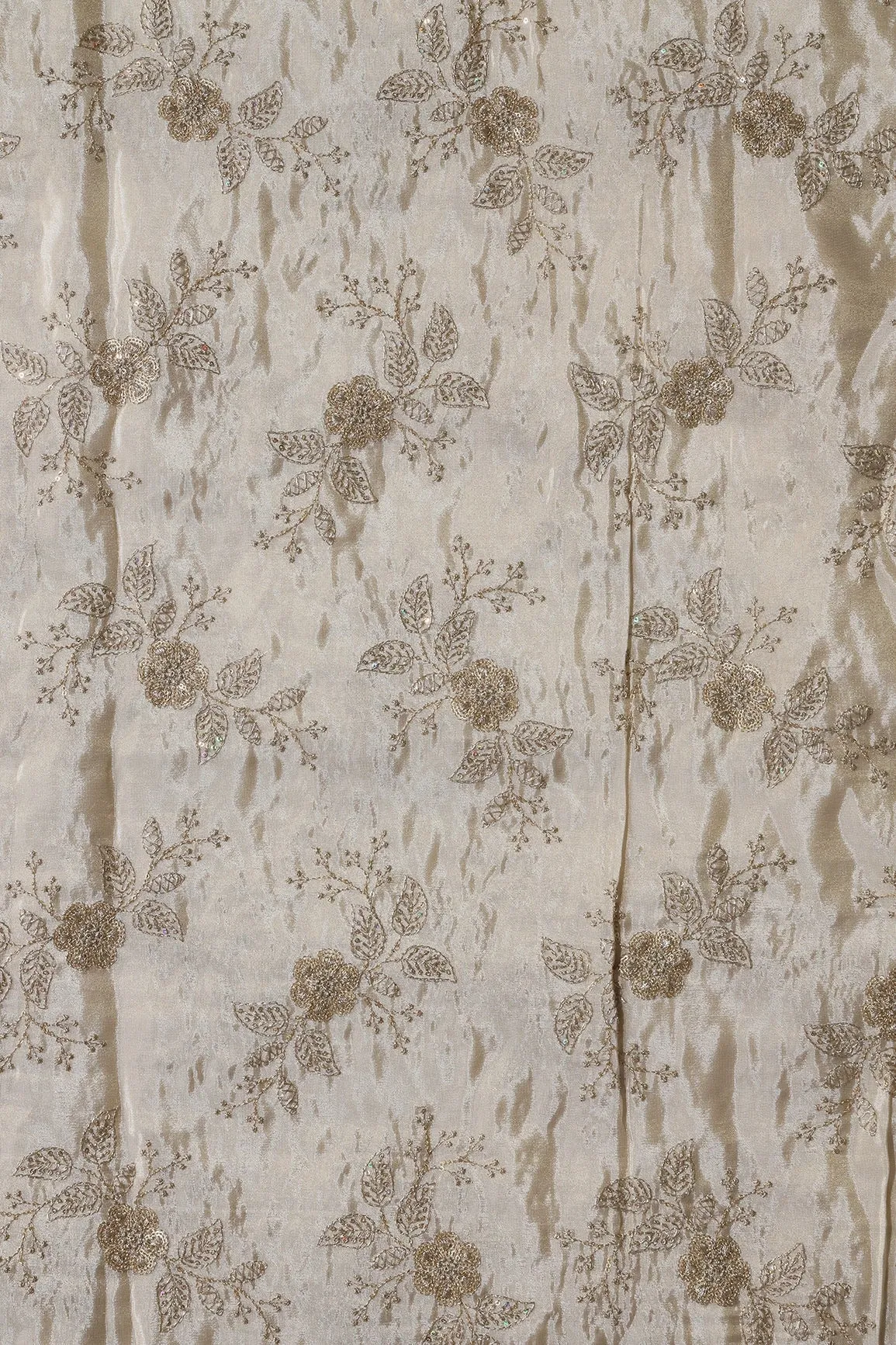 Gold Sequins And Zari Floral Embroidery Work On Dyeable Pure Viscose Zari Tissue Fabric