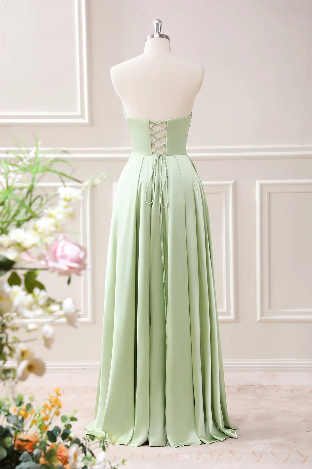 Green A Line Pleated Strapless Keyhole Maxi Dress with Slit