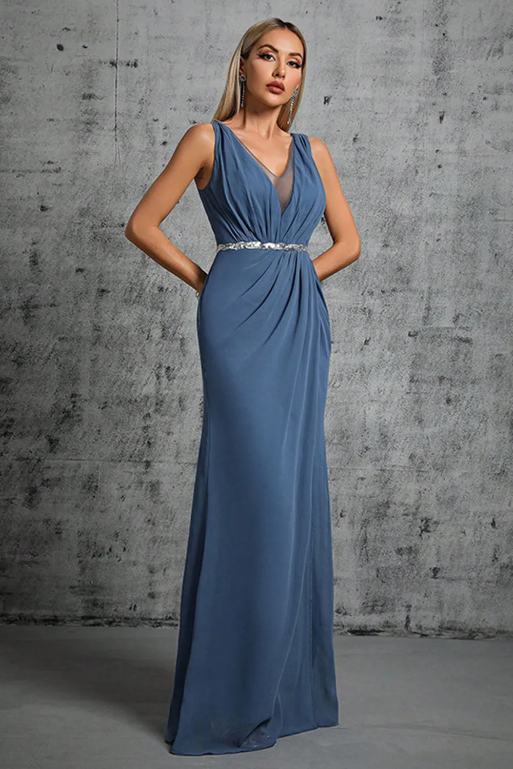 Grey Blue Chiffon A Line V Neck Maxi Dress