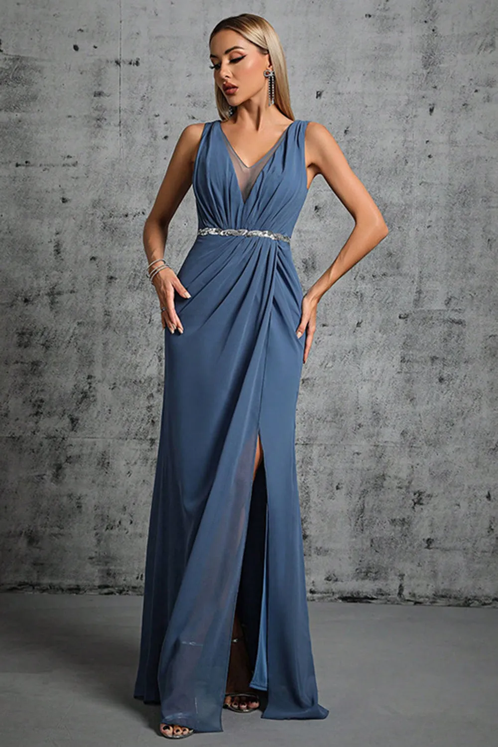 Grey Blue Chiffon A Line V Neck Maxi Dress