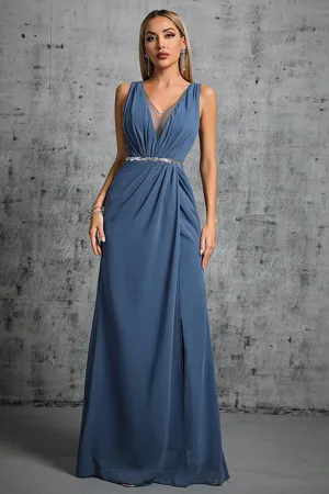 Grey Blue Chiffon A Line V Neck Maxi Dress