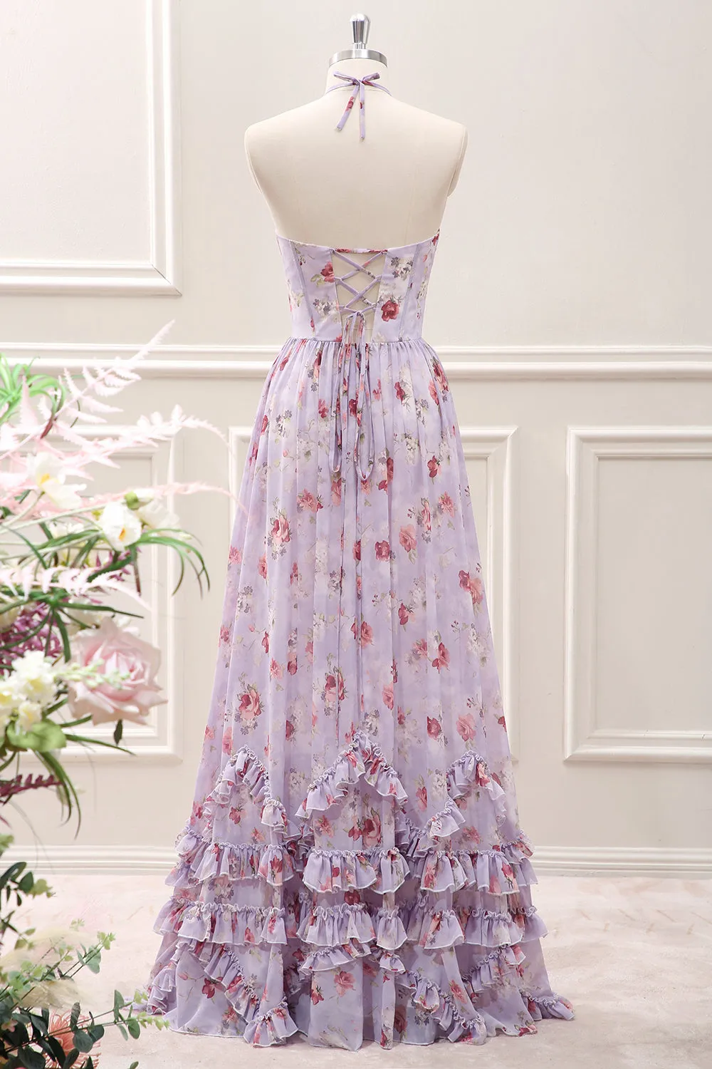 Grey Purple Ruffled A Line Halter Floral Corset Maxi Dress