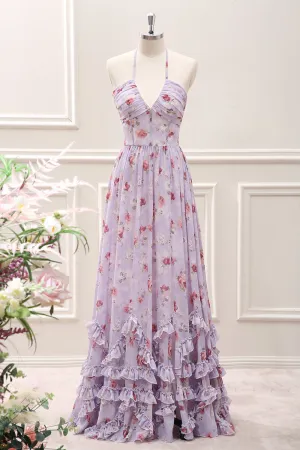 Grey Purple Ruffled A Line Halter Floral Corset Maxi Dress