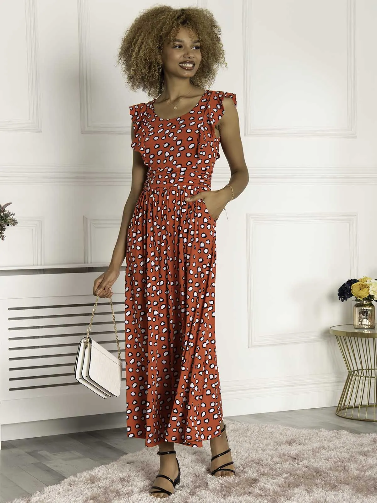 Jolie Moi Adalena Frill Shoulder Maxi Dress, Red Spot