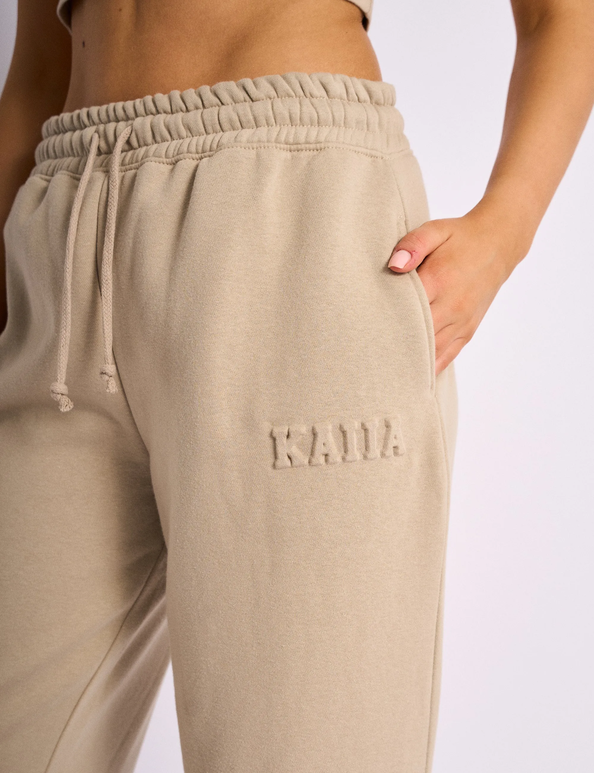 Kaiia Embossed Logo Wide Leg Joggers Stone