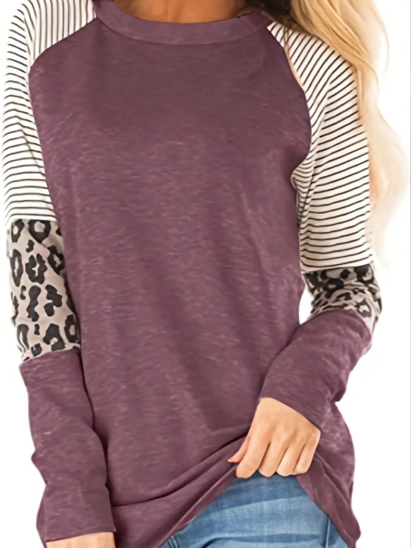 Leopard Print Color Block Casual Crew Neck Long Sleeve Casual Every Day Tops