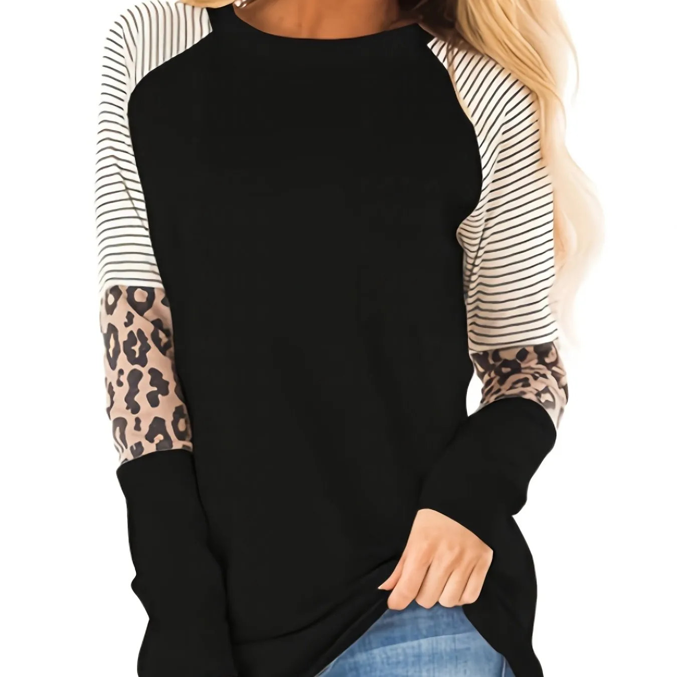 Leopard Print Color Block Casual Crew Neck Long Sleeve Casual Every Day Tops