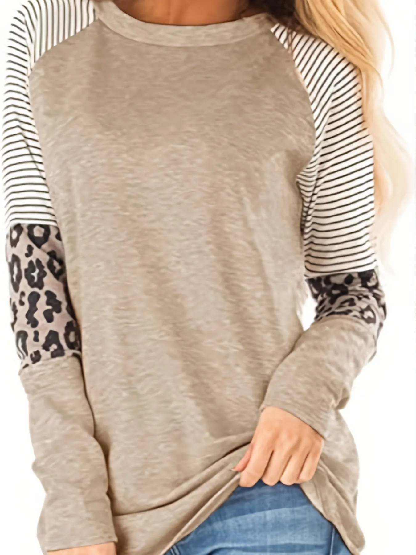 Leopard Print Color Block Casual Crew Neck Long Sleeve Casual Every Day Tops