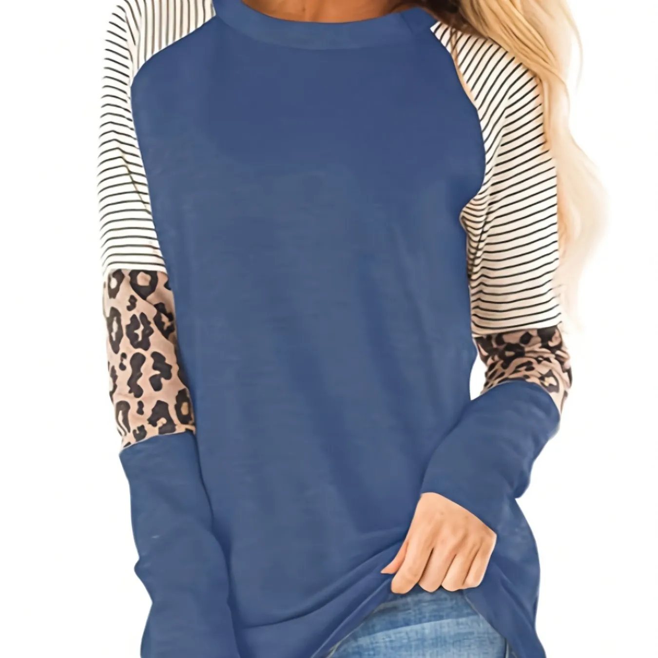 Leopard Print Color Block Casual Crew Neck Long Sleeve Casual Every Day Tops