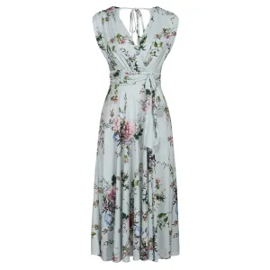 Light Blue Floral V Neck Crossover Top Empire Waist Swing Dress