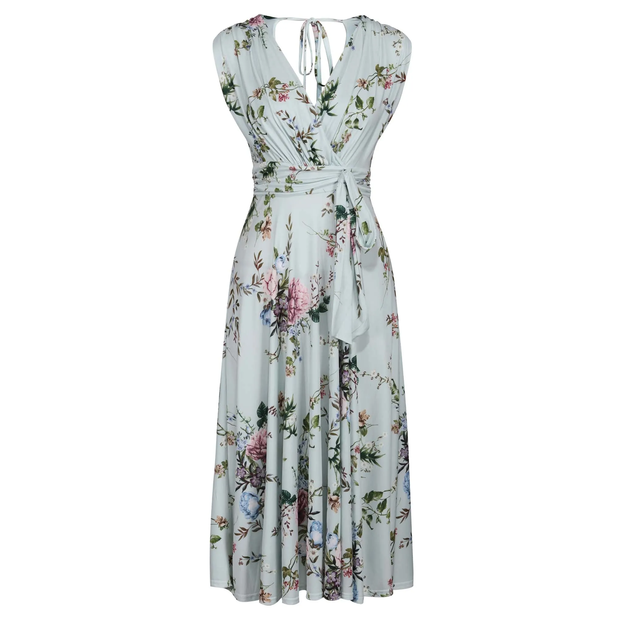 Light Blue Floral V Neck Crossover Top Empire Waist Swing Dress