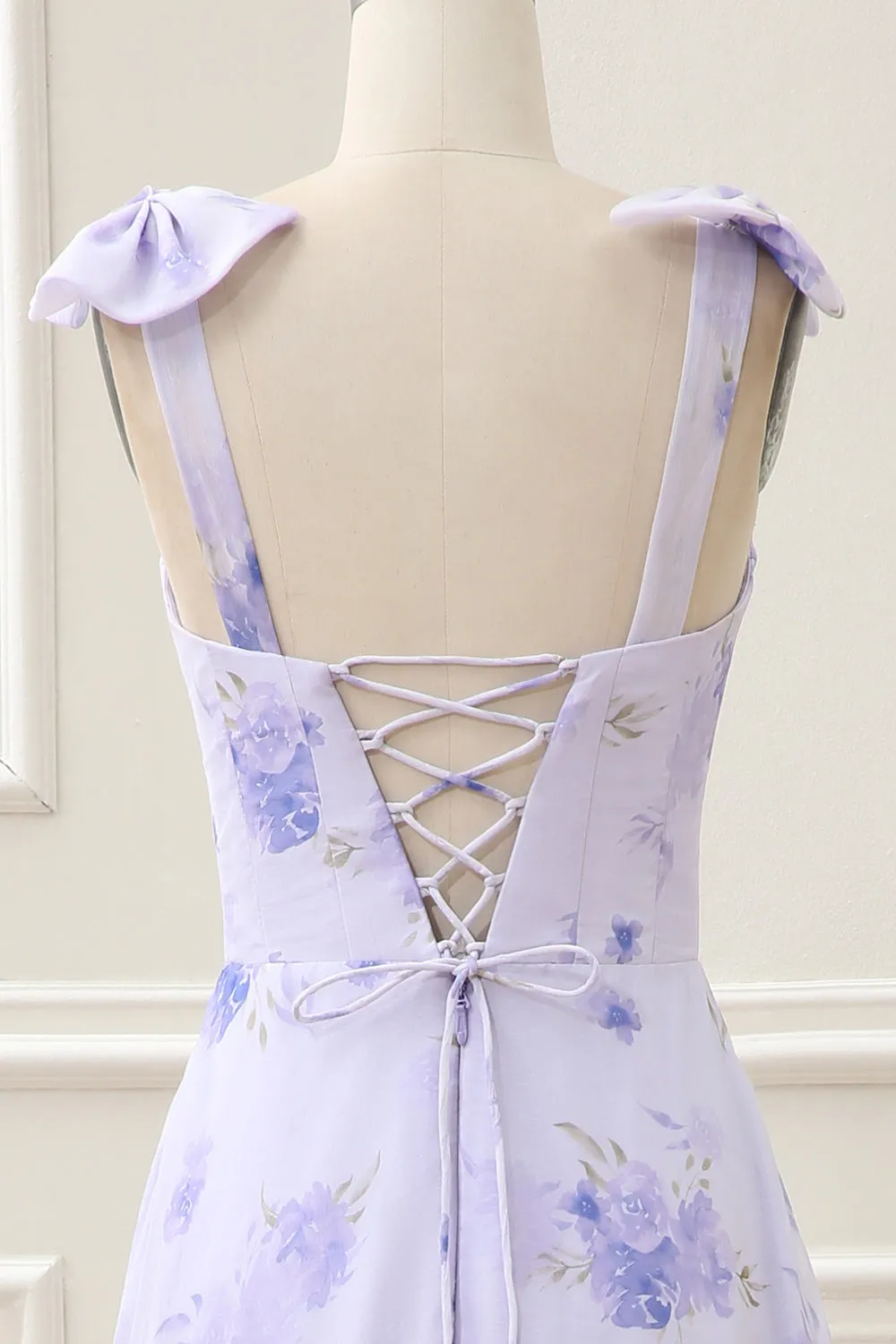 Lilac Corset Floral A Line Maxi Dress with Lace Up Back