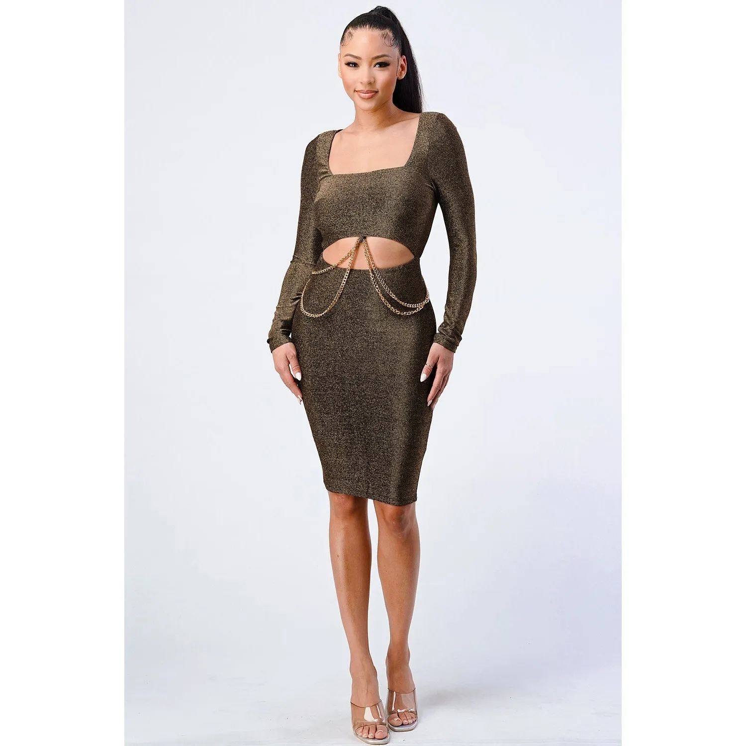 Luxe Waist Gold Chain Cut-out Detail Square Neck Glitter Bodycon Dress