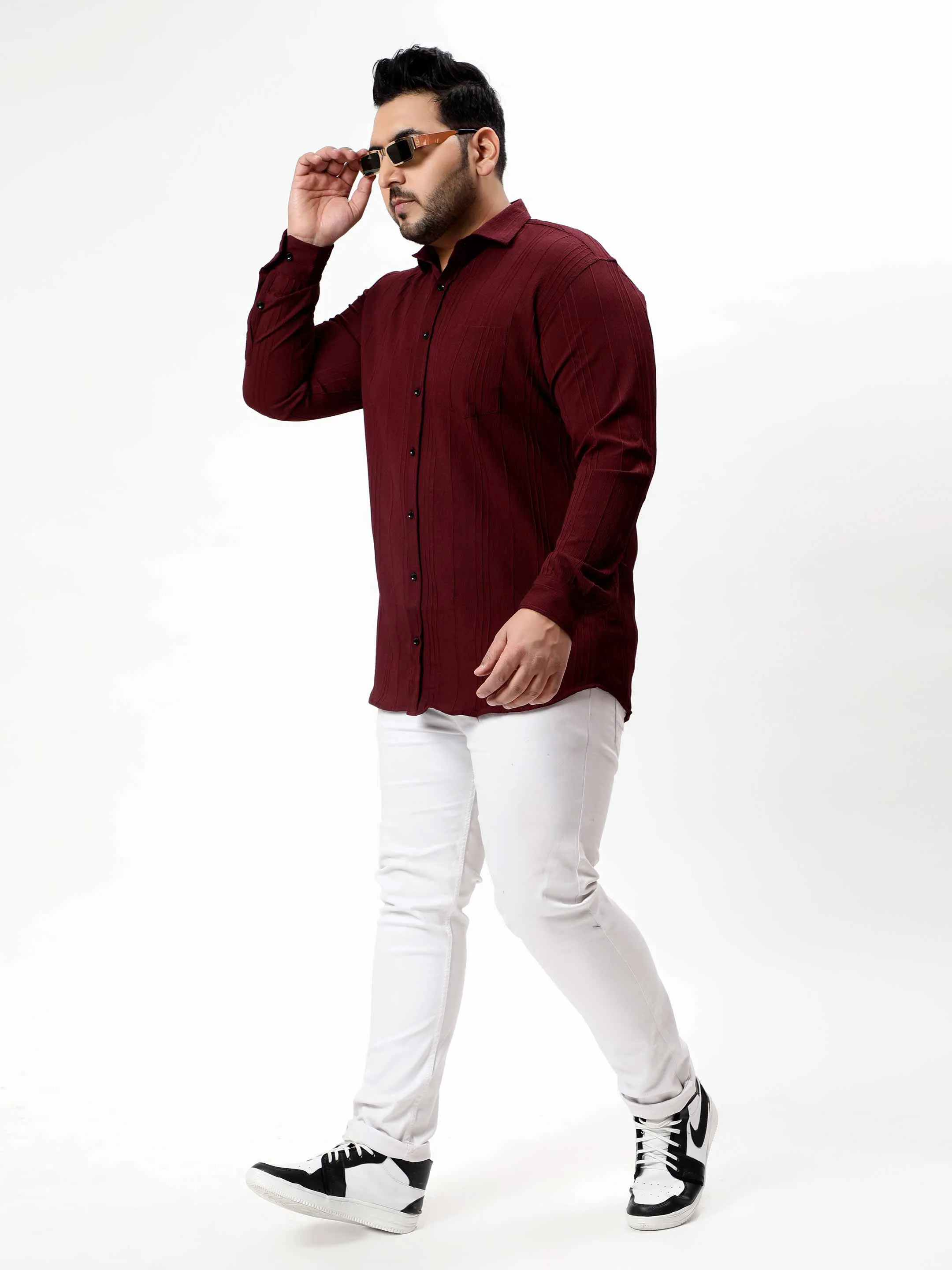 Maroon Pintex Solid Textured Plus Size Shirt