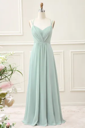 Matcha A-Line Spaghetti Straps Backless Pleated Maxi Dress