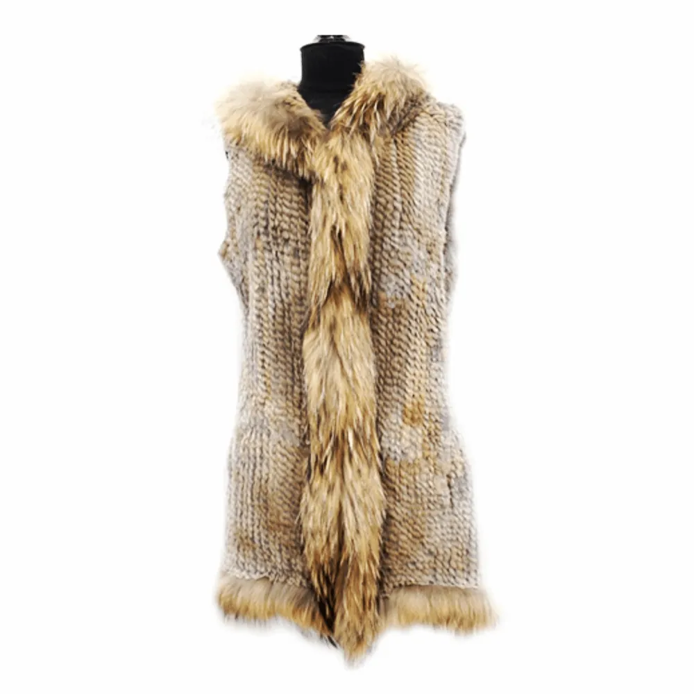 Natural Shirred Knitted Trimmed Fur Vest