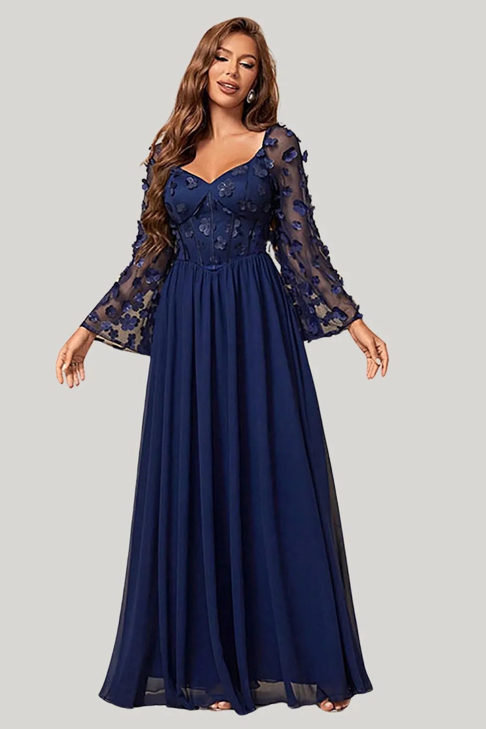 Navy A Line Long Sleeves Corset Maxi Dress with Long Sleeves