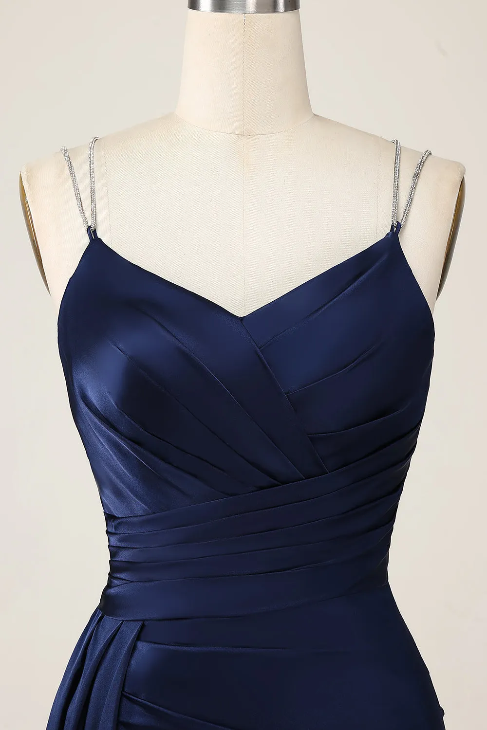 Navy Mermaid Spaghetti Straps Pleated Corset Maxi Dress with Slit