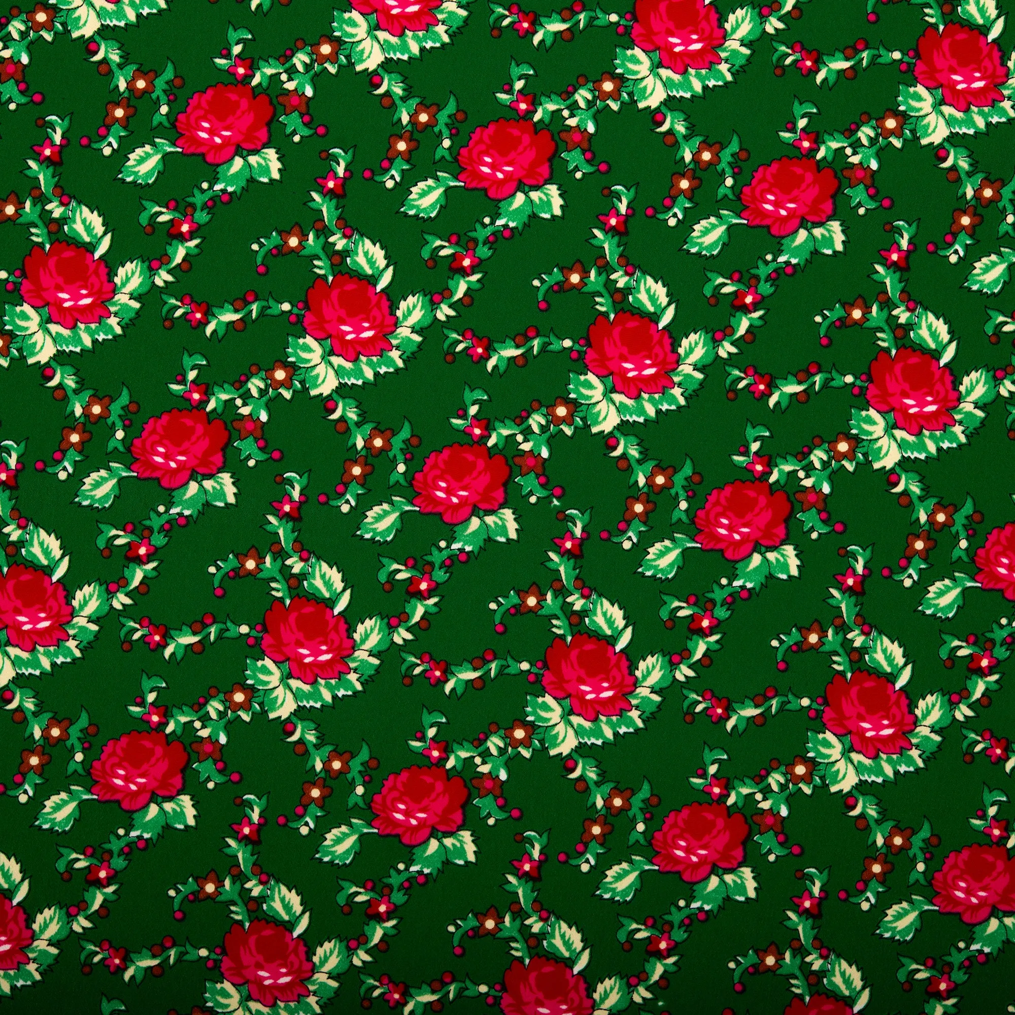 Novelty  Polyester Print - Roses - Green / Red