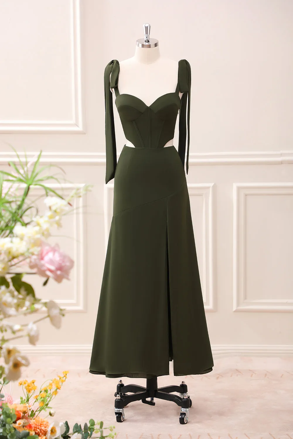 Olive A Line Sweetheart Spaghetti Straps Maxi Dress with Slit