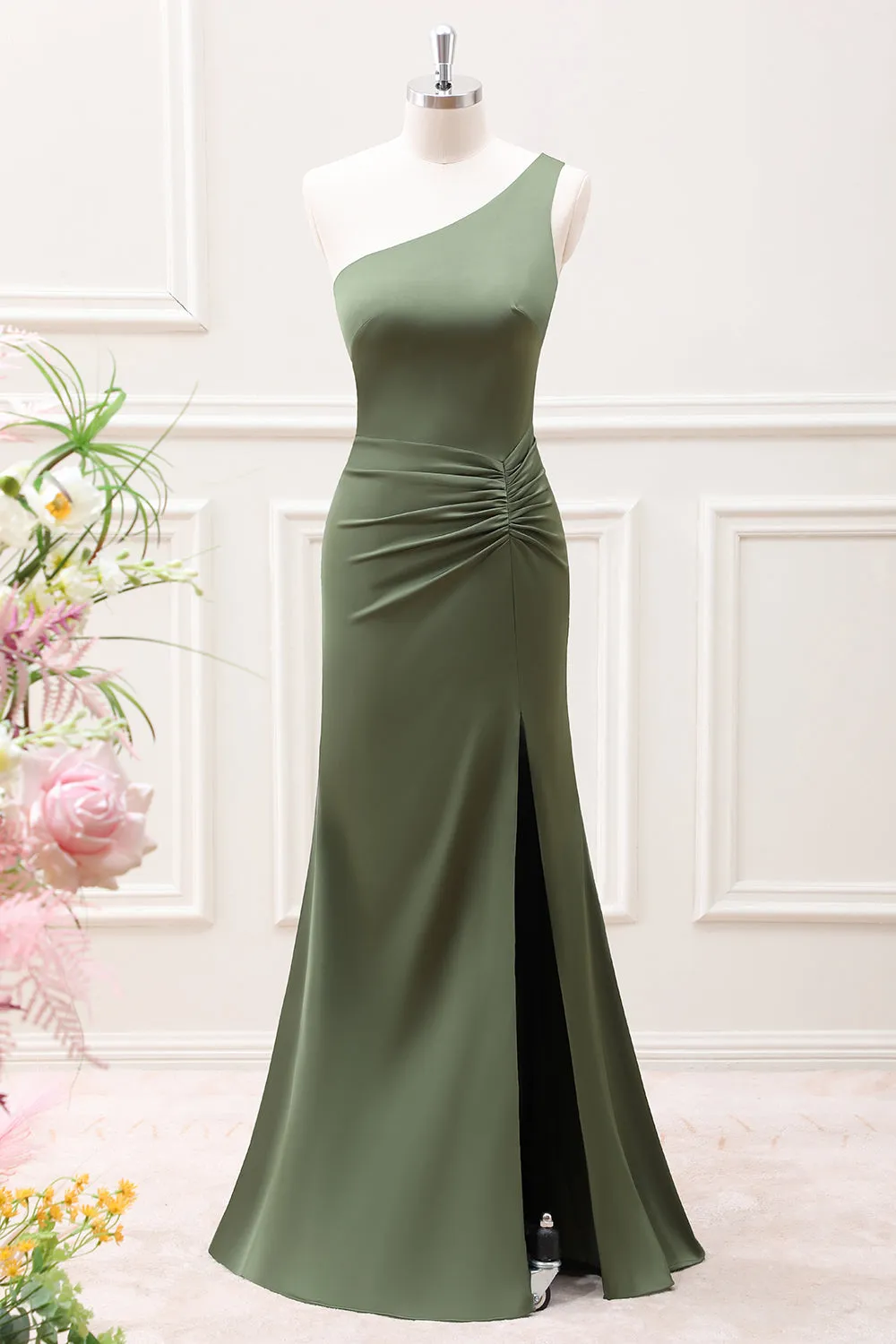 Olive One Shoulder Ruffled Mermaid Maxi Dress with Slit