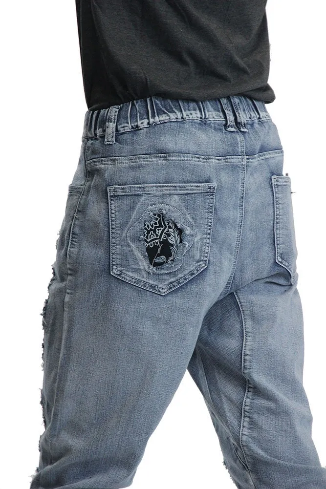 Paisley Distressed Denim Jogger Pants