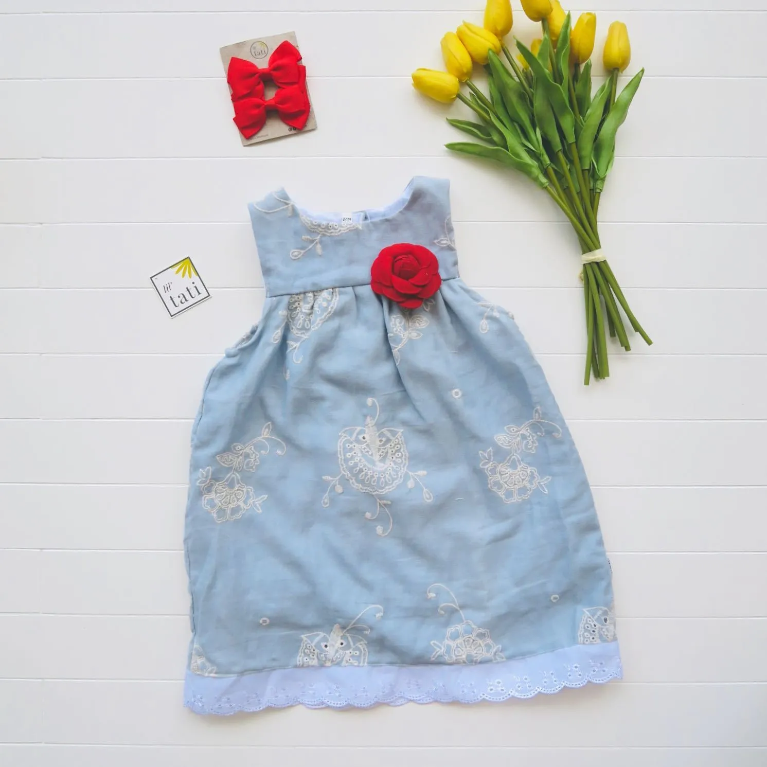 Peony Dress in Sky Embroidery