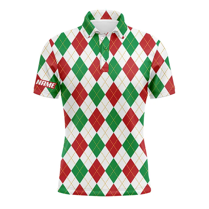 Personalized Christmas Plaid Argyle Pattern Men Golf Polo Shirts Custom Team Golf Polo Shirts