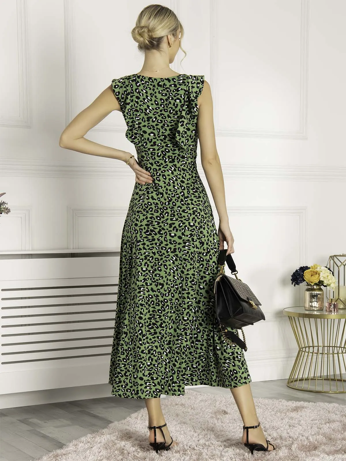 Pia Frill Shoulder Dress, Green Animal