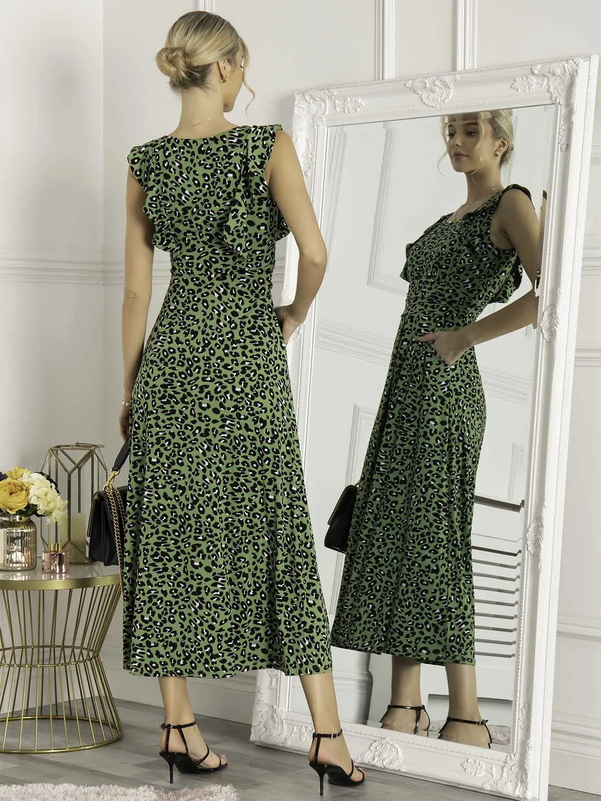 Pia Frill Shoulder Dress, Green Animal