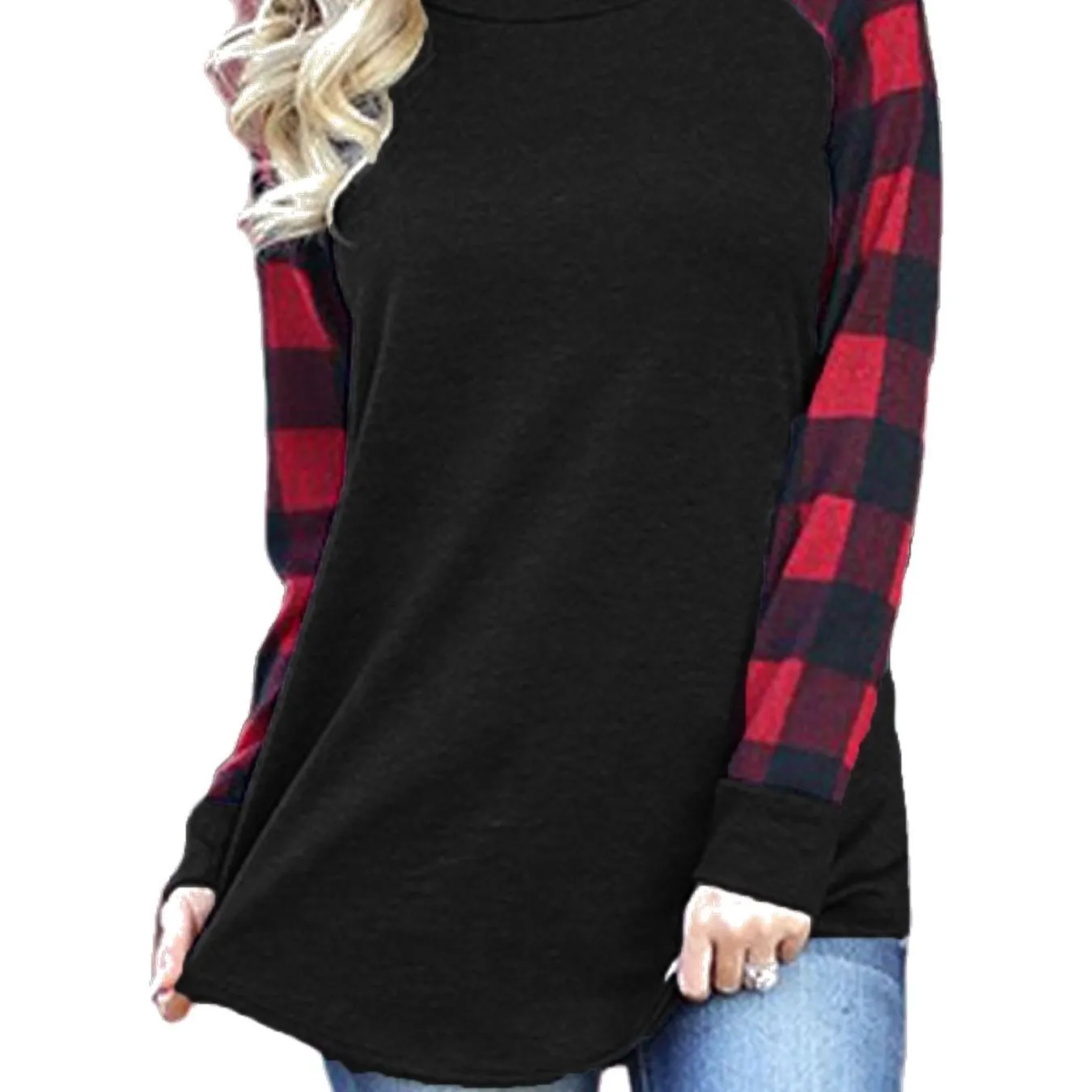 Plaid Stitching Crew Neck Casual Long Sleeve Casual Every Day Tops