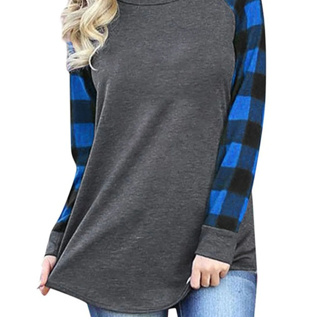 Plaid Stitching Crew Neck Casual Long Sleeve Casual Every Day Tops