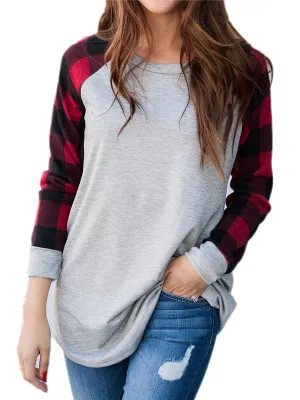 Plaid Stitching Crew Neck Casual Long Sleeve Casual Every Day Tops