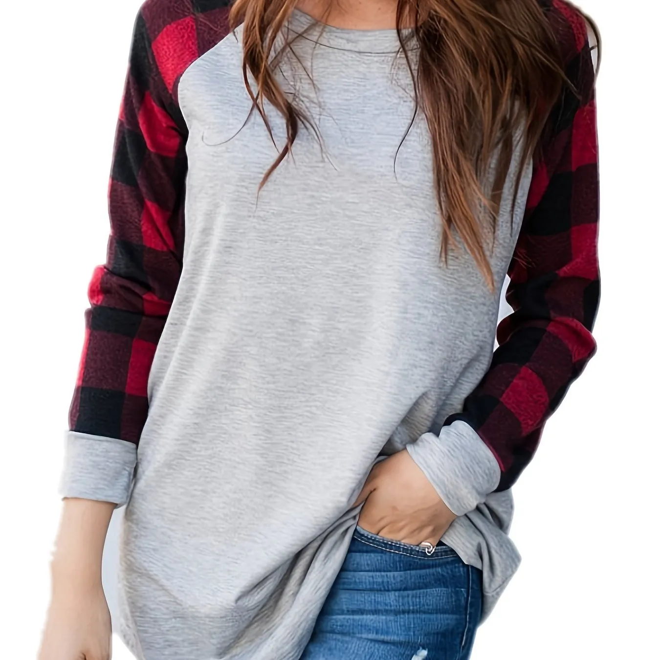 Plaid Stitching Crew Neck Casual Long Sleeve Casual Every Day Tops