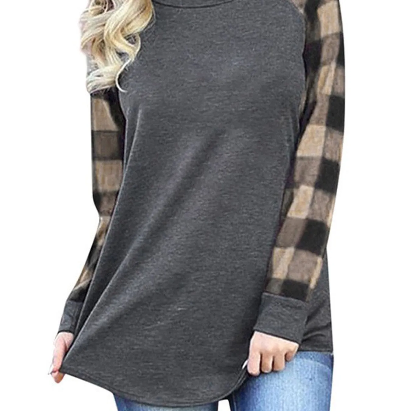 Plaid Stitching Crew Neck Casual Long Sleeve Casual Every Day Tops