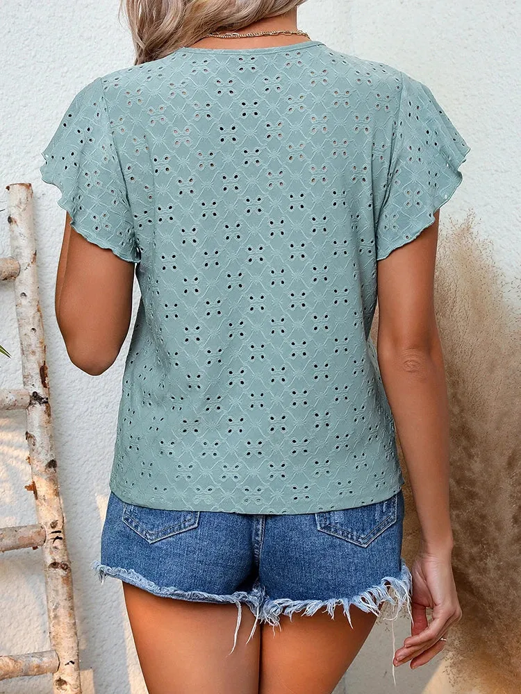 Plant Flower Print Bubble Sleeve Woven Casual T-shirt