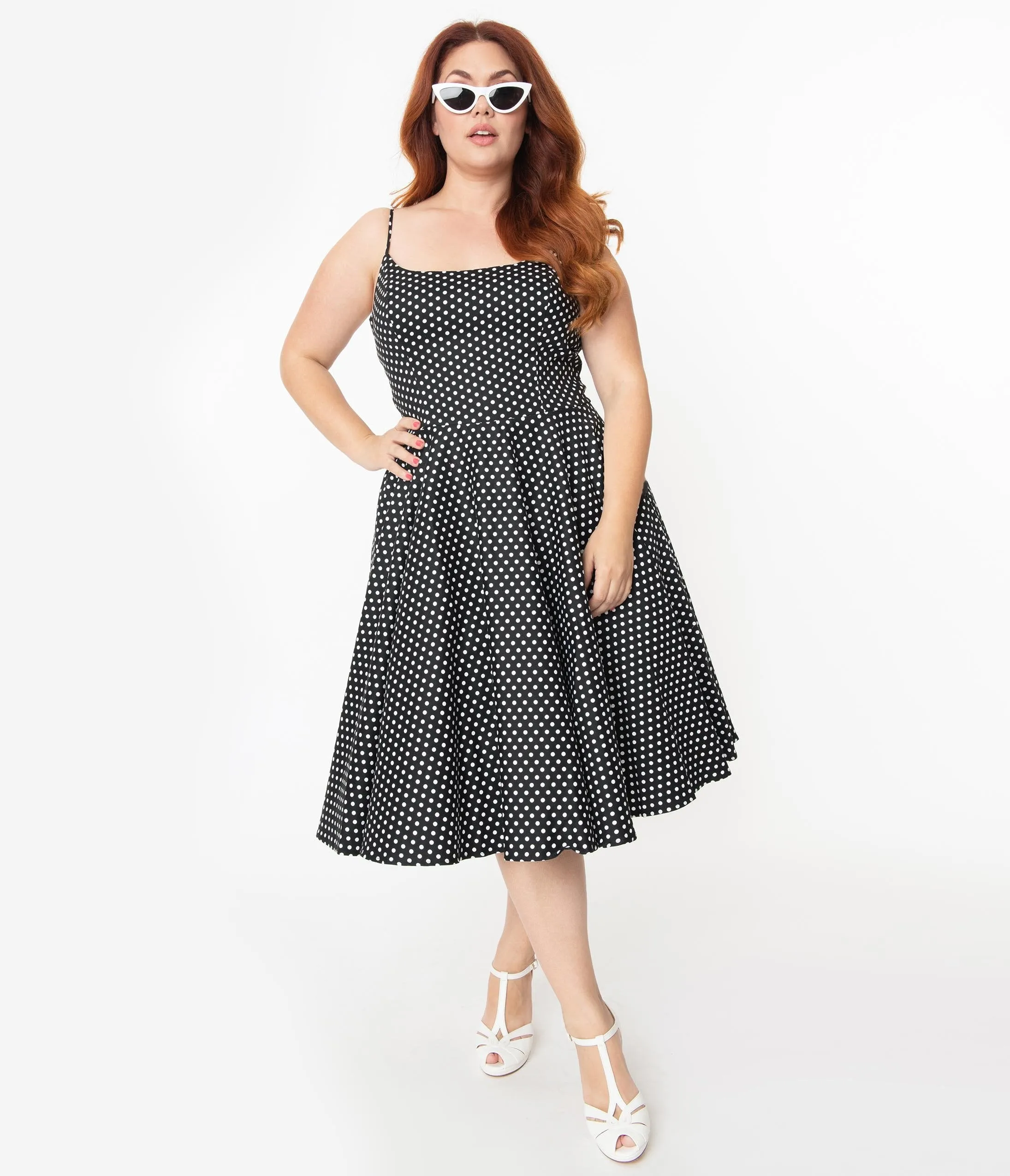 Plus Size 1950s Black & White Polka Dot Sleeveless Peggy Swing Dress