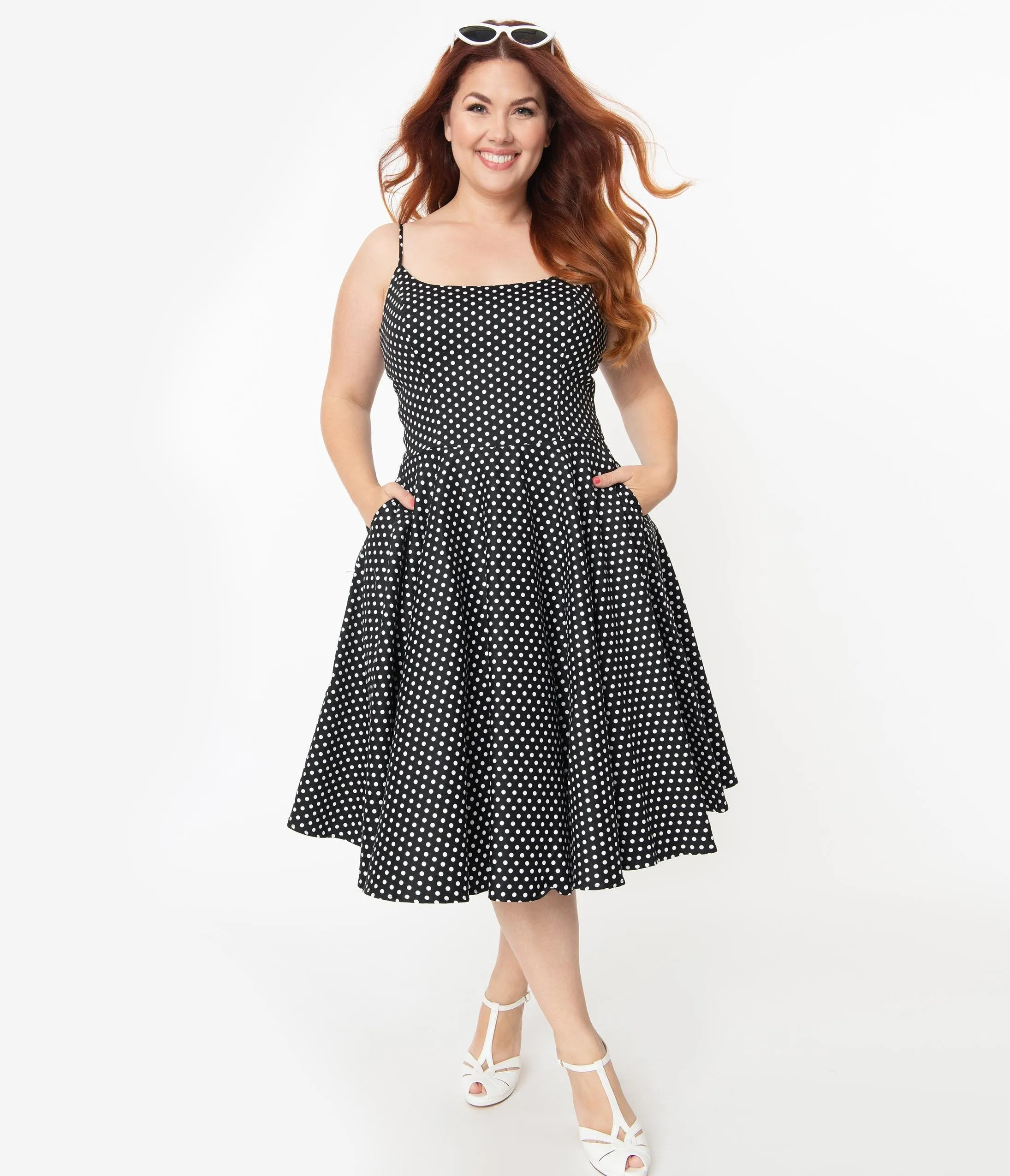 Plus Size 1950s Black & White Polka Dot Sleeveless Peggy Swing Dress