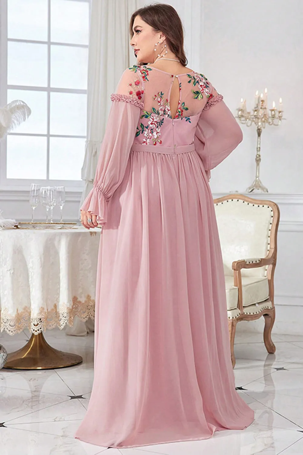 Plus Size Blush Round Neck Chiffon Embroidered Maxi Dress with Sleeves