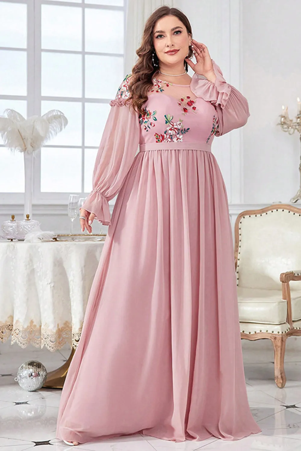 Plus Size Blush Round Neck Chiffon Embroidered Maxi Dress with Sleeves