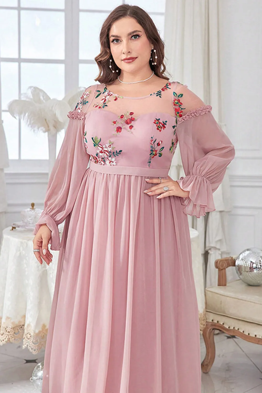 Plus Size Blush Round Neck Chiffon Embroidered Maxi Dress with Sleeves